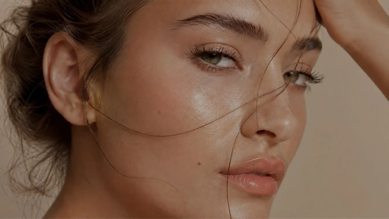 Nahaufnahme eines Gesichts mit strahlend gepflegter Haut, definierten Augenbrauen und natürlich betonten Wimpern.
